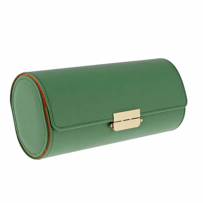 Premium Ladies 3 Watch Roll in Emerald Green Saffiano Leather Soft Orange Lining