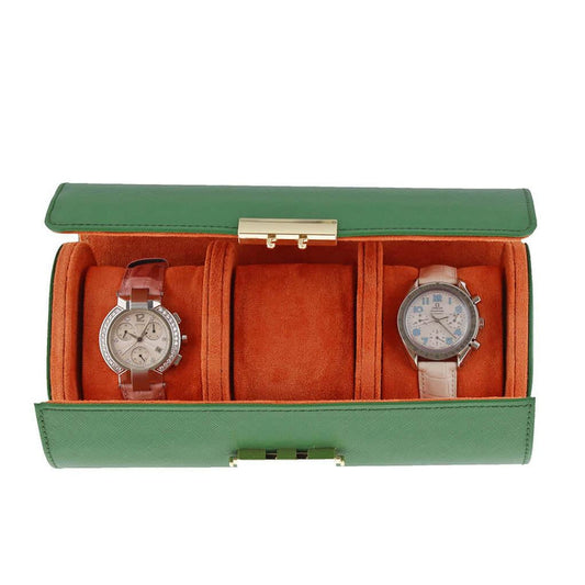 Premium Ladies 3 Watch Roll in Emerald Green Saffiano Leather Soft Orange Lining
