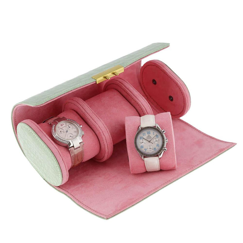 Premium Ladies 3 Watch Roll in Sea Green Croc Leather Soft Pink Lining - Swiss Watch Store UK