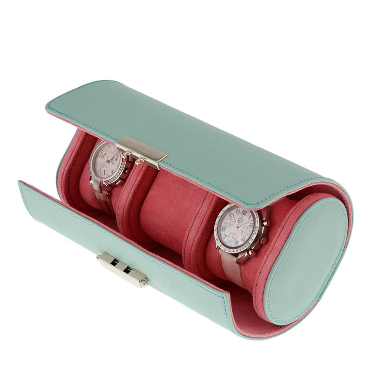Premium Ladies 3 Watch Roll in Tiffany Blue Saffiano Leather Soft Pink Lining - Swiss Watch Store UK