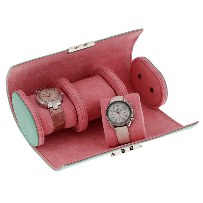Premium Ladies 3 Watch Roll in Tiffany Blue Saffiano Leather Soft Pink Lining