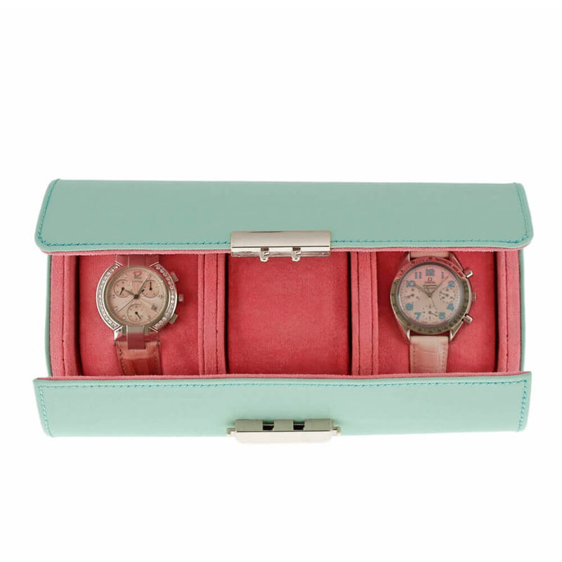 Premium Ladies 3 Watch Roll in Tiffany Blue Saffiano Leather Soft Pink Lining - Swiss Watch Store UK