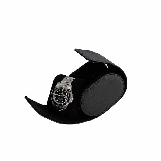 Premium Single Watch Roll in Black Saffiano Leather Super Soft Black Lining - Swiss Watch Store UK
