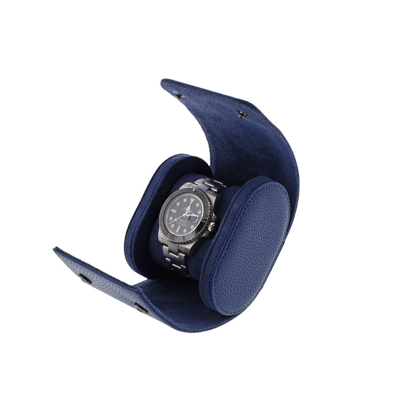 Premium Single Watch Roll in Blue Leather with Super Soft Suede Lining - Swiss Watch Store UK