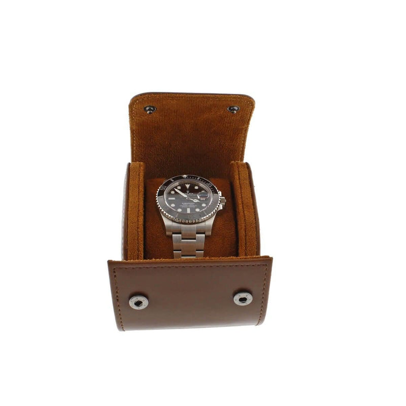 Premium Single Watch Roll in Brown Leather with Super Soft Tan Suede Lining - Swiss Watch Store UK
