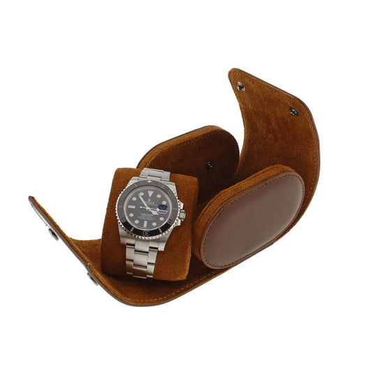Premium Single Watch Roll in Brown Leather with Super Soft Tan Suede Lining - Swiss Watch Store UK