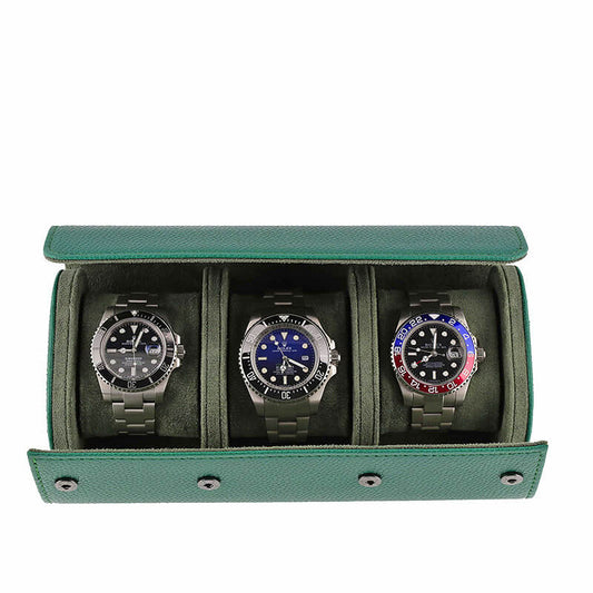 Premium Triple Green Leather Watch Roll with Super Soft Suede Lining - Swiss Watch Store UK