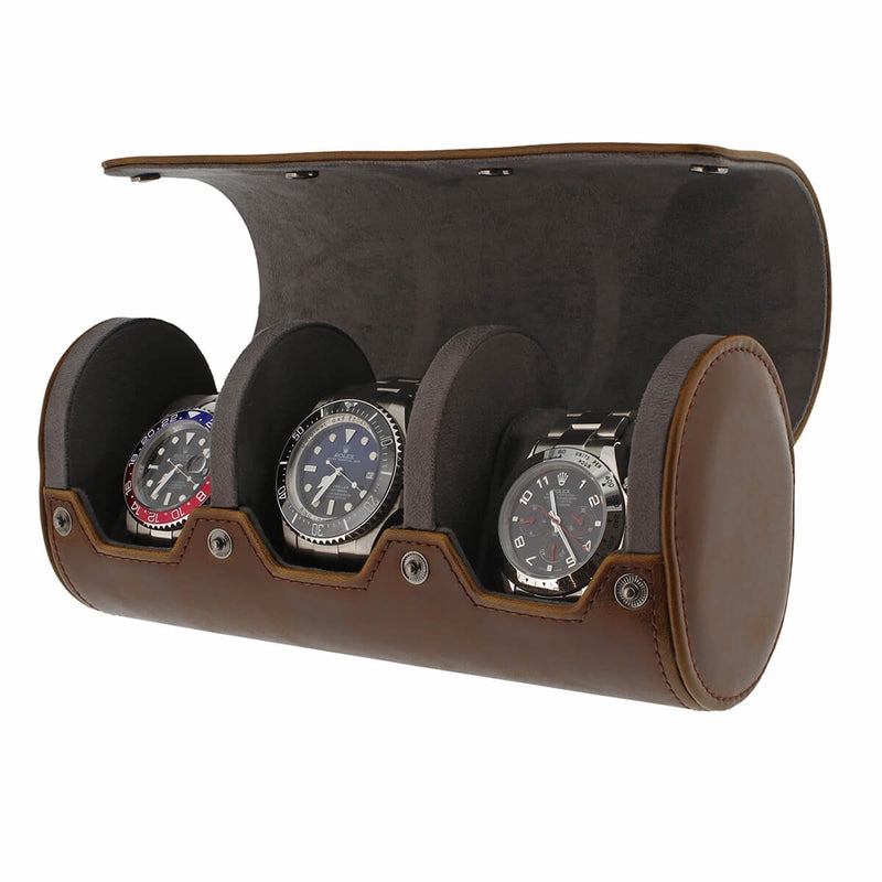 Premium Triple Watch Roll Vintage Brown Leather Super Soft Grey Suede Lining - Swiss Watch Store UK