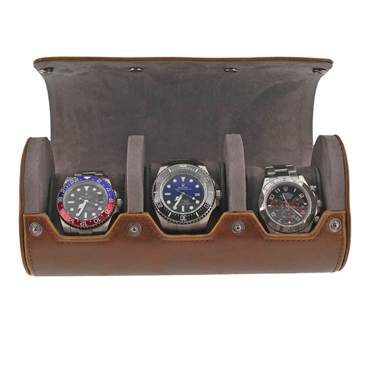 Premium Triple Watch Roll Vintage Brown Leather Super Soft Grey Suede Lining - Swiss Watch Store UK