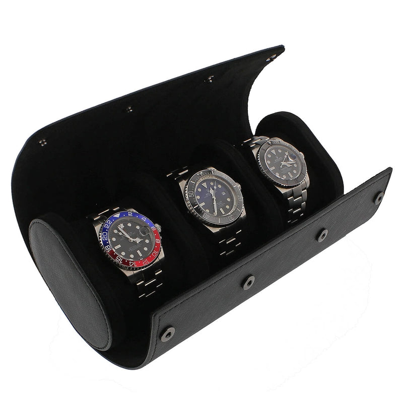 Premium Triple Watch Roll in Black Saffiano Leather with Super Black Suede Lining - Swiss Watch Store UK