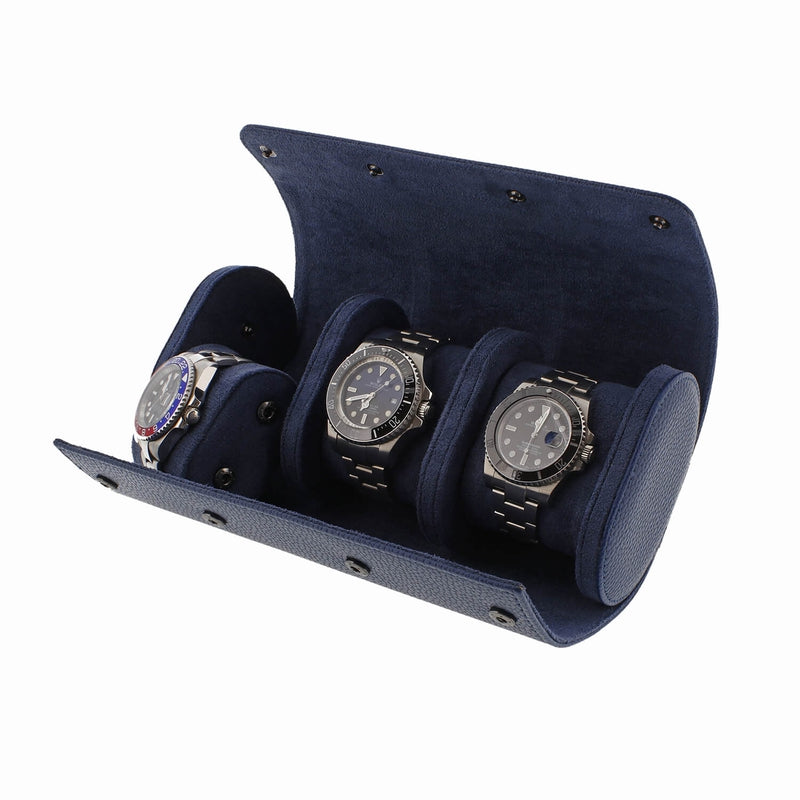 Premium Triple Watch Roll in Blue Leather with Super Soft Suede Lining - Swiss Watch Store UK
