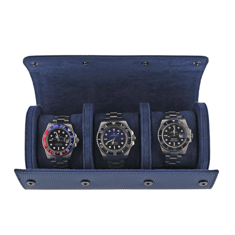 Premium Triple Watch Roll in Blue Leather with Super Soft Suede Lining - Swiss Watch Store UK