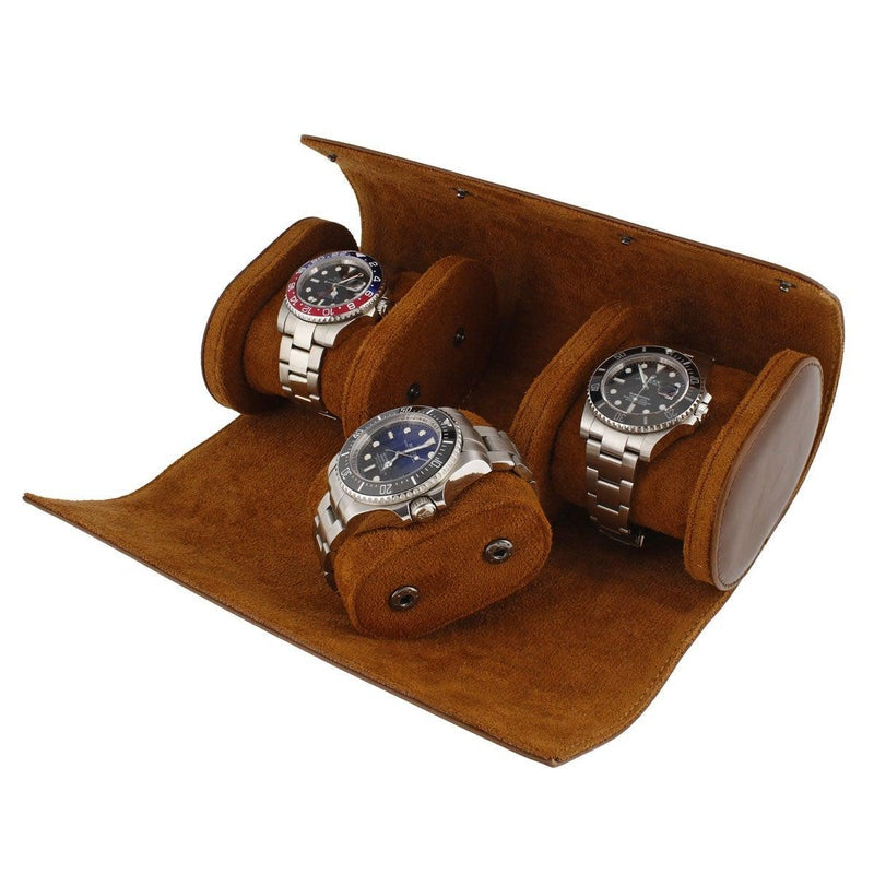 Premium Triple Watch Roll in Brown Leather with Super Soft Tan Suede Lining - Swiss Watch Store UK