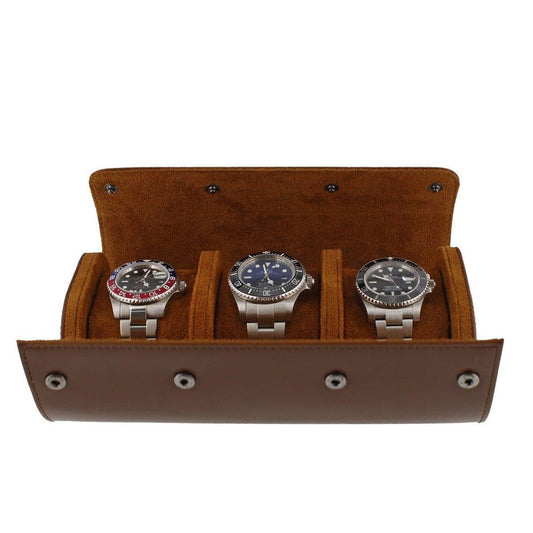 Premium Triple Watch Roll in Brown Leather with Super Soft Tan Suede Lining - Swiss Watch Store UK