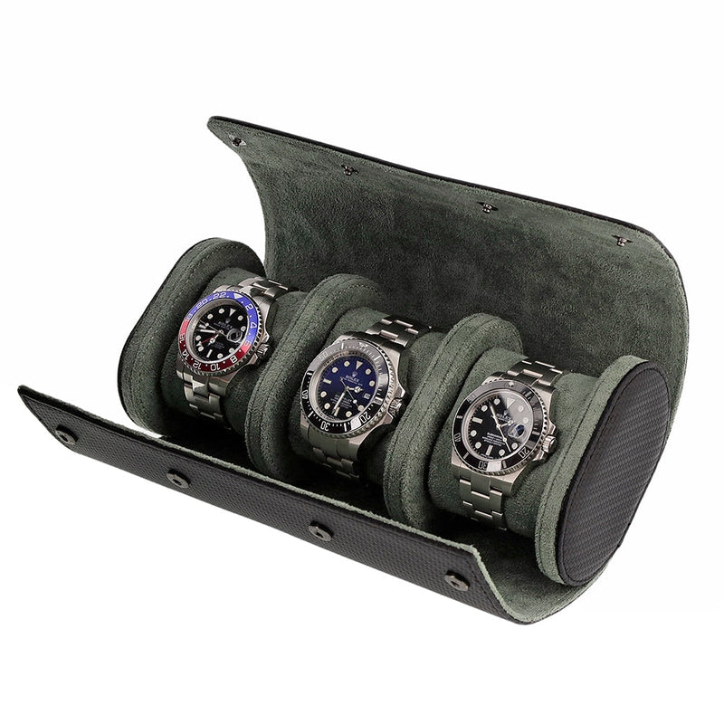 Premium Triple Watch Roll in Carbon Fibre Leather Super Soft Green Lining - Swiss Watch Store UK