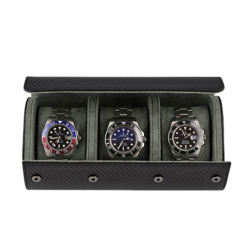 Premium Triple Watch Roll in Carbon Fibre Leather Super Soft Green Lining - Swiss Watch Store UK