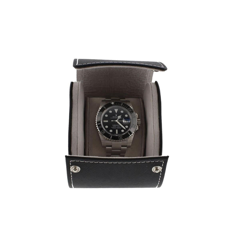 Single Watch Roll in Black Saffiano Leather with Super Soft Lining - Swiss Watch Store UK