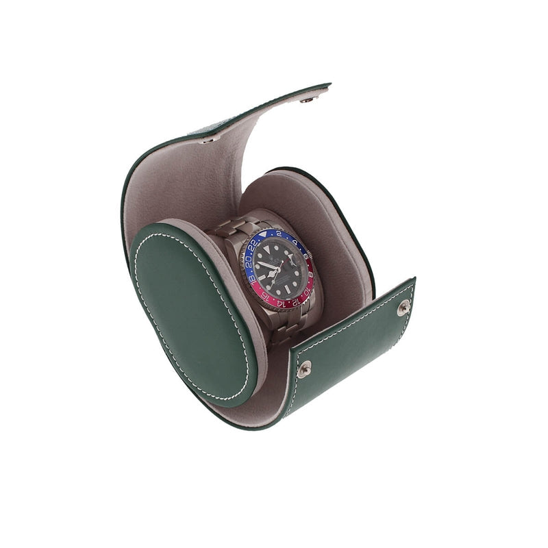 Single Watch Roll in Green Leather with Super Soft Lining