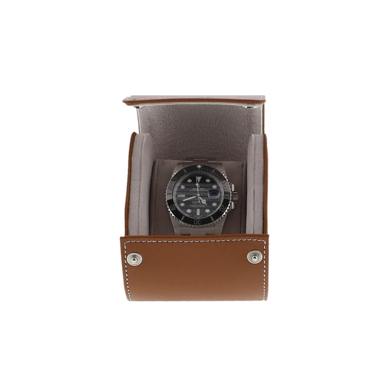 Single Watch Roll in Medium Brown Leather with Super Soft Lining - Swiss Watch Store UK