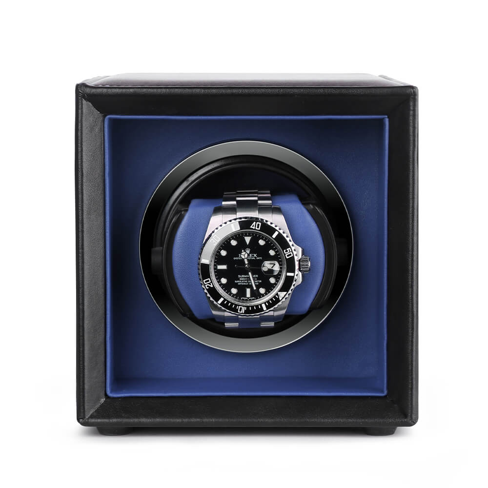 Single Watch Winder Black Leather Blue Lining Mains or Battery by Aevitas