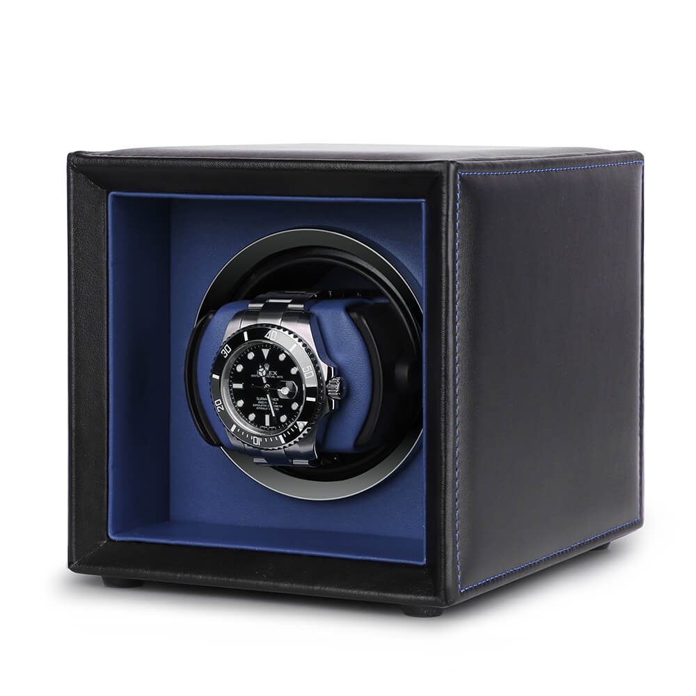 Single Watch Winder Black Leather Blue Lining Mains or Battery by Aevitas - Swiss Watch Store UK