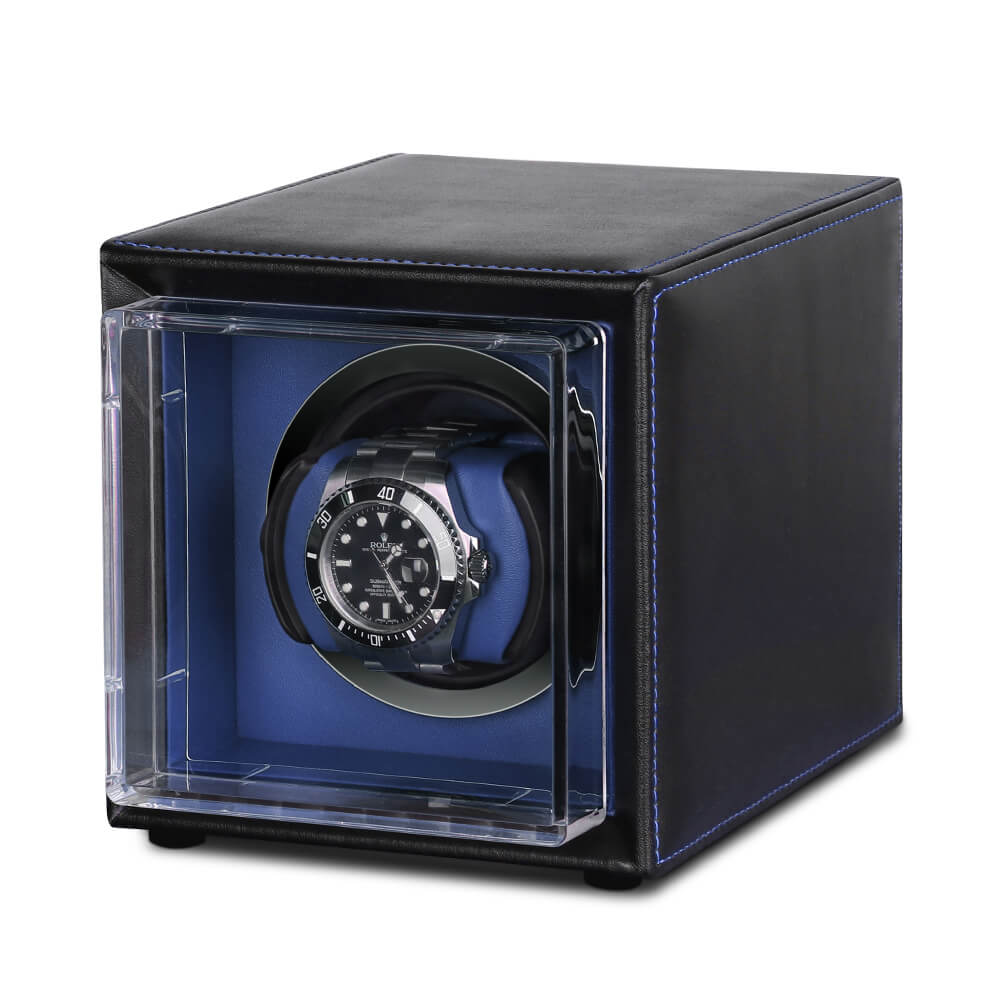 Single Watch Winder Black Leather Blue Lining Mains or Battery by Aevitas - Swiss Watch Store UK