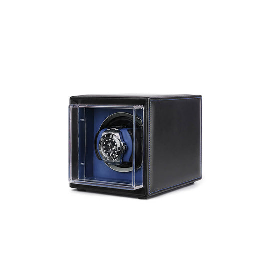 Single Watch Winder Black Leather Blue Lining Mains or Battery by Aevitas - Swiss Watch Store UK