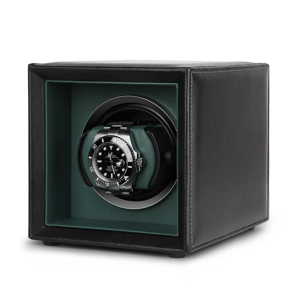 Single Watch Winder Black Leather Green Lining Mains or Battery by Aevitas