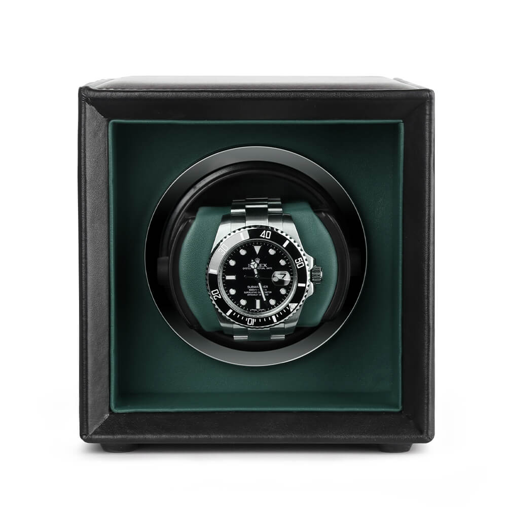 Single Watch Winder Black Leather Green Lining Mains or Battery by Aevitas