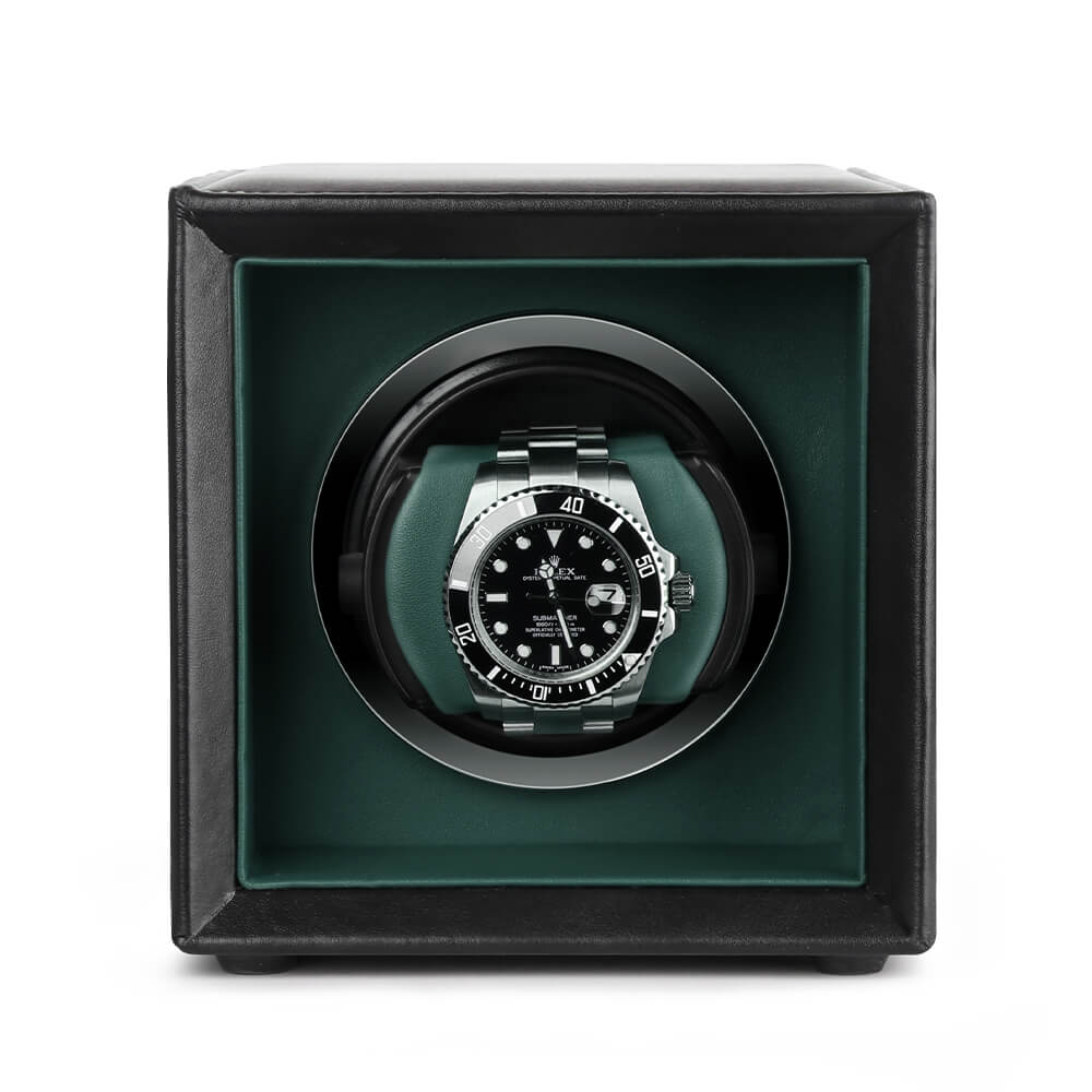Single Watch Winder Black Leather Green Lining Mains or Battery by Aevitas - Swiss Watch Store UK