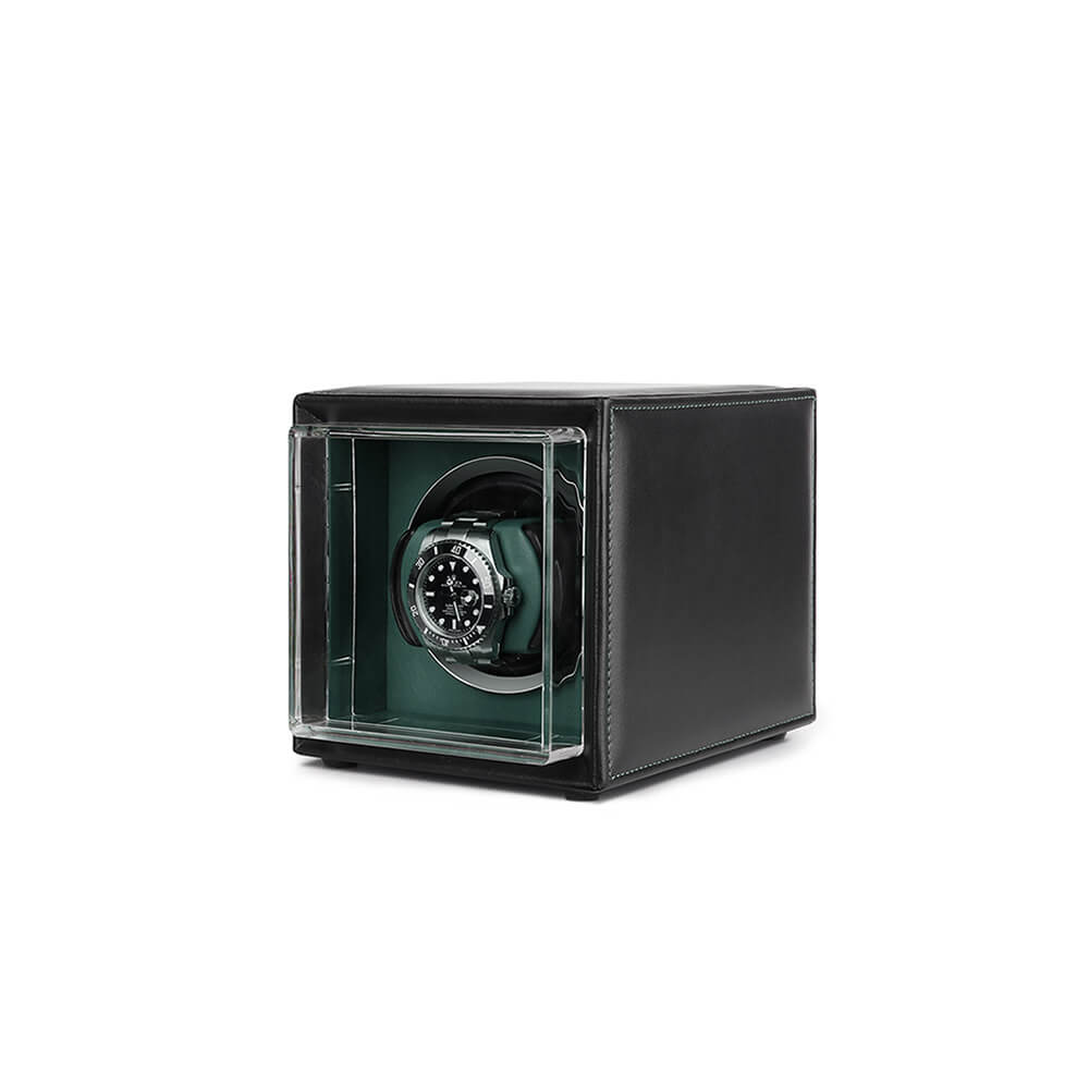 Single Watch Winder Black Leather Green Lining Mains or Battery by Aevitas - Swiss Watch Store UK