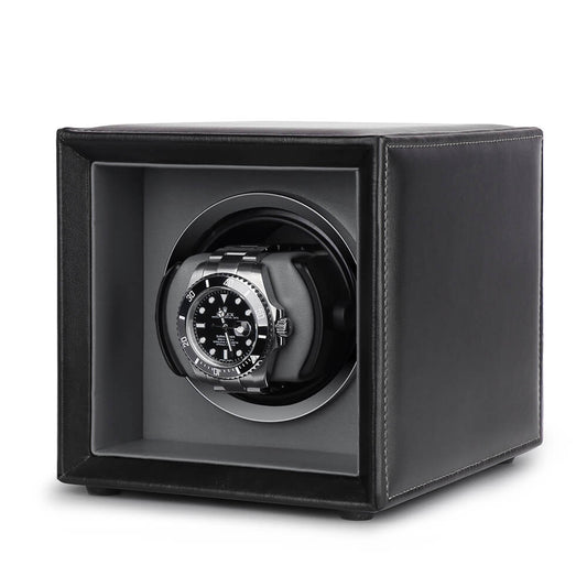 Single Watch Winder Black Leather Grey Lining Mains or Battery by Aevitas