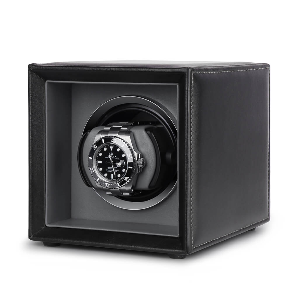 Single Watch Winder Black Leather Grey Lining Mains or Battery by Aevitas - Swiss Watch Store UK