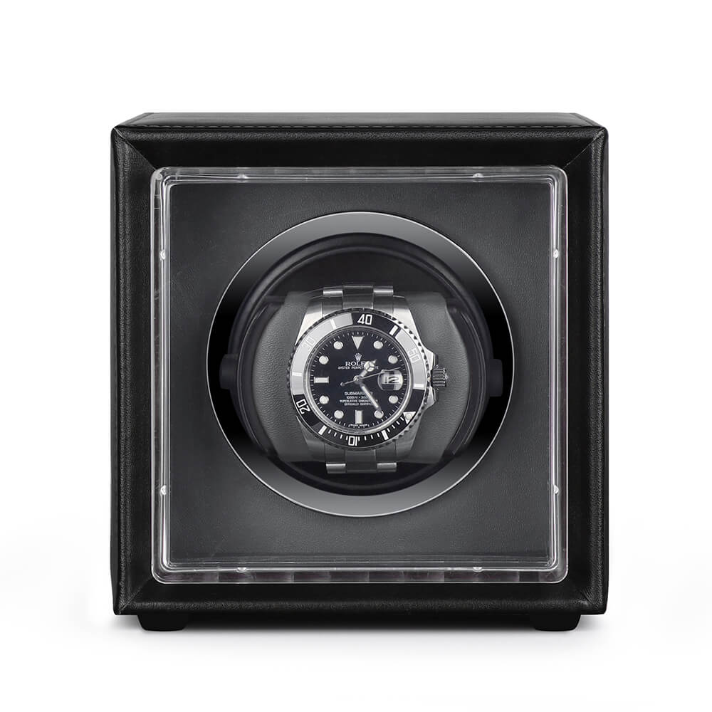 Single Watch Winder Black Leather Grey Lining Mains or Battery by Aevitas
