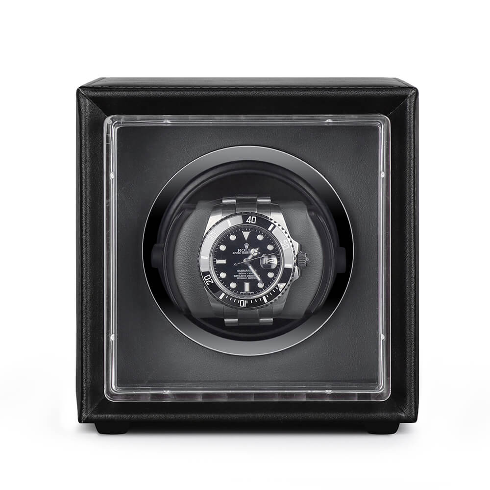 Single Watch Winder Black Leather Grey Lining Mains or Battery by Aevitas - Swiss Watch Store UK