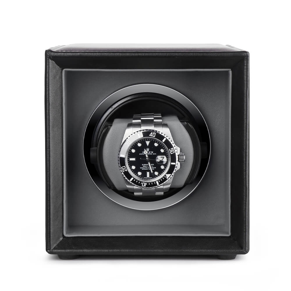 Single Watch Winder Black Leather Grey Lining Mains or Battery by Aevitas - Swiss Watch Store UK