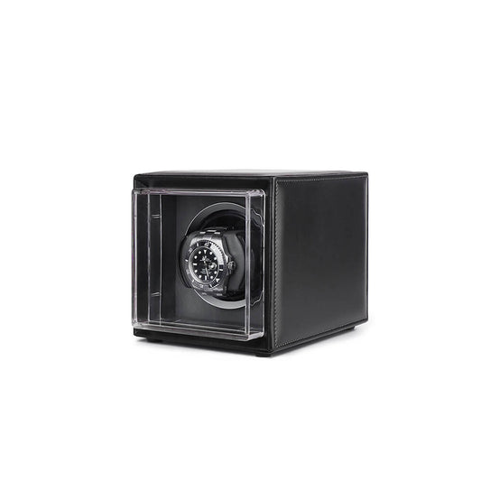 Single Watch Winder Black Leather Grey Lining Mains or Battery by Aevitas