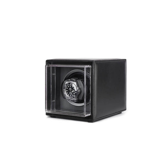 Single Watch Winder Black Leather Grey Lining Mains or Battery by Aevitas - Swiss Watch Store UK