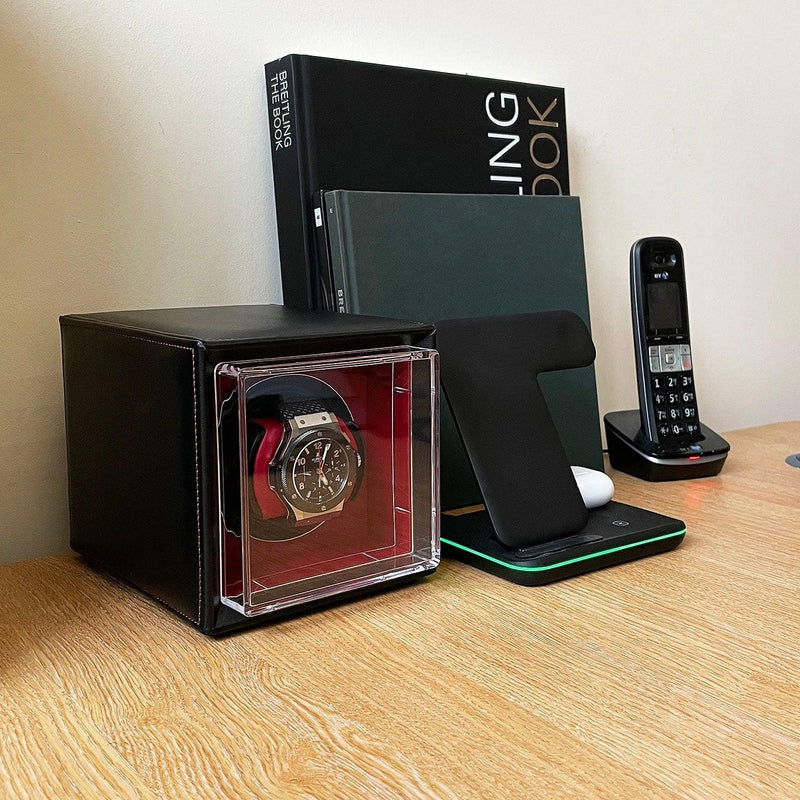 Single Watch Winder Black Leather Red Lining Mains or Battery by Aevitas - Swiss Watch Store UK