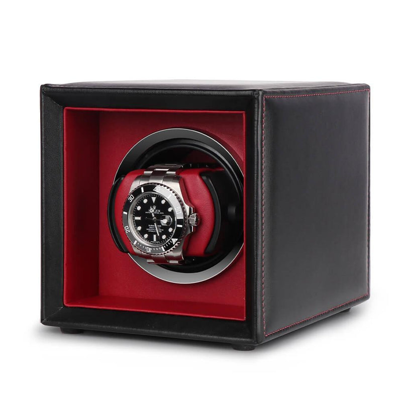 Single Watch Winder Black Leather Red Lining Mains or Battery by Aevitas