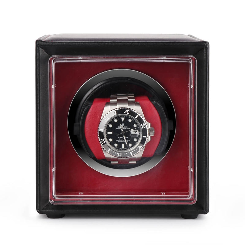 Single Watch Winder Black Leather Red Lining Mains or Battery by Aevitas