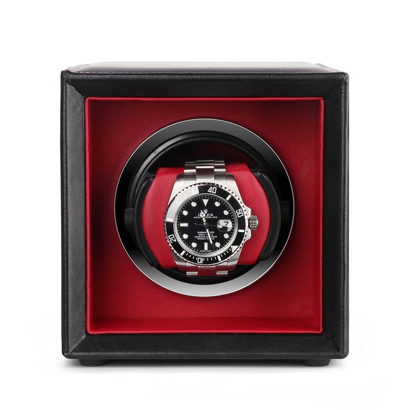 Single Watch Winder Black Leather Red Lining Mains or Battery by Aevitas