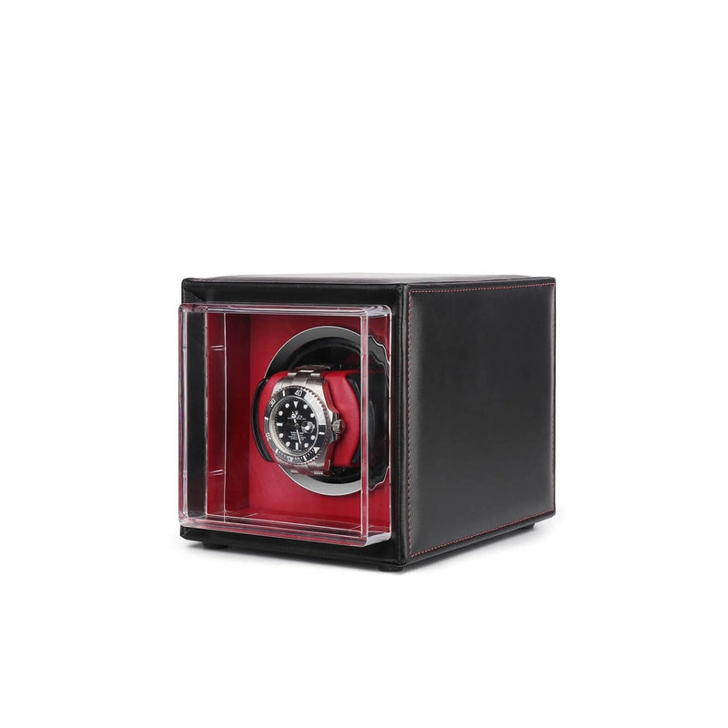 Single Watch Winder Black Leather Red Lining Mains or Battery by Aevitas - Swiss Watch Store UK