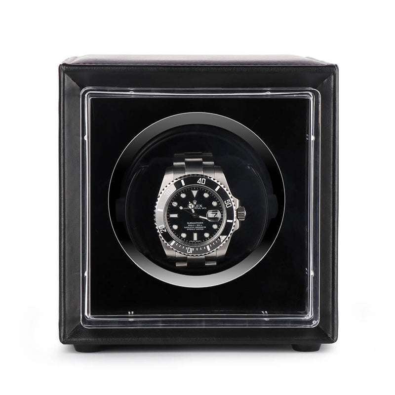 Single Watch Winder Black Leather Red Stitching Mains or Battery by Aevitas