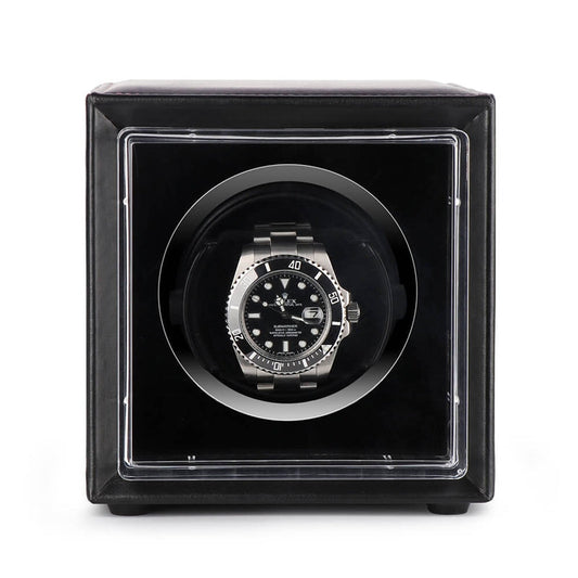Single Watch Winder Black Leather Red Stitching Mains or Battery by Aevitas