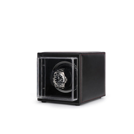 Single Watch Winder Black Leather Red Stitching Mains or Battery by Aevitas