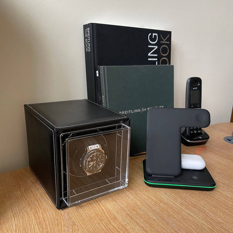 Single Watch Winder Black Leather White Stitching Mains or Battery by Aevitas