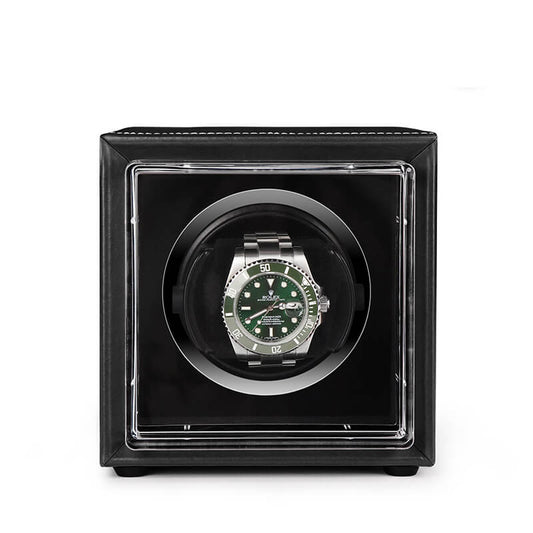 Single Watch Winder Black Leather White Stitching Mains or Battery by Aevitas