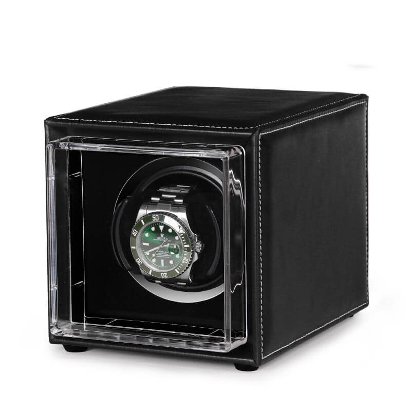 Single Watch Winder Black Leather White Stitching Mains or Battery by Aevitas