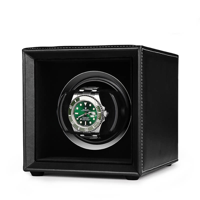 Single Watch Winder Black Leather White Stitching Mains or Battery by Aevitas